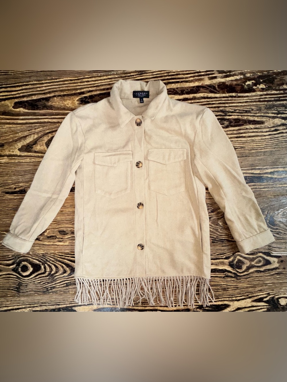 Laundry by Shelli Segal Cream Fringe Button-Front Top, Wool Texture! - Picture 2 of 8